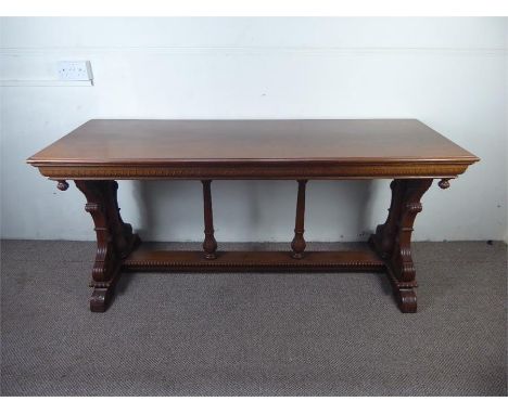 A Chinese Elm Calligraphy Table, approx 168 x 60 x 76 cms, with intricate decorative carving to the outer supports with strai