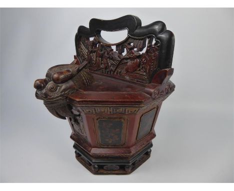 Three Antique Chinese Wood Carved Grain Vessels, one with intricately carved cover and handle depicting figures in a landscap