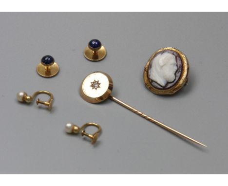 A Victorian diamond set circular stick pin, a pair of cultured pearl earrings, a pair of dress studs, and a 19th century came