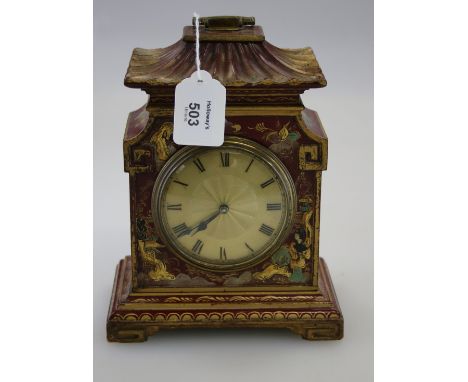 A Waring and Gillow type eight-day chinoiserie rouge lacquer mantel clock, with eight-day French movement faced by engine bra