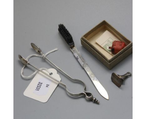 A George III silver mounted tooth brush, (with replacement bristles), Birmingham 1802, by Joseph Taylor, together with a pair