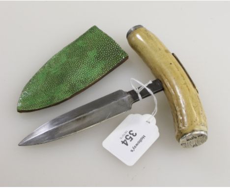 A Victorian presentation antler push dagger and scabbard, bearing a presentation plaque to the 'Countess F Bouerie, Manse, Sh