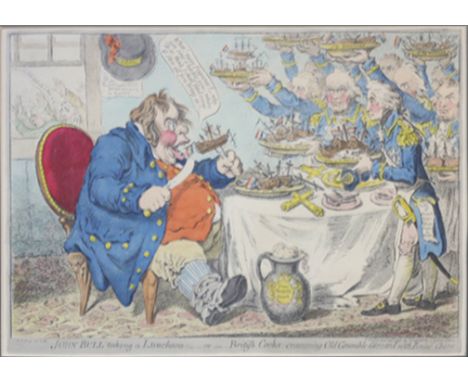 James Gillray (1757-1815) John Bull taking a luncheon: or British Cooks, cramming Old Grumble-Gizzard with Bonne-chere etchin