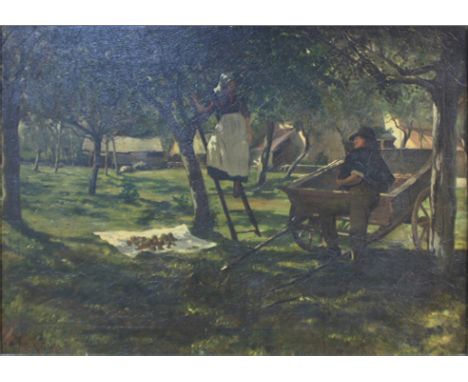 Harry Frier (British 1849-1921) A young lady descending a ladder from an apple tree, being admired by a farm worker leaning o