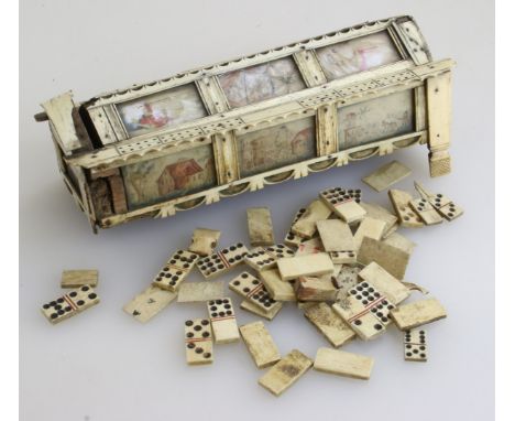 A Napoleonic prisoner of war bone on timber games box of sarcophagus form, decorated with watercolour panels of figures, dwel