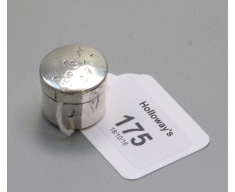 A Queen Anne patch box, plain circular with pull off cover, inscribed '.... Cooper 1709', maker's mark only ES