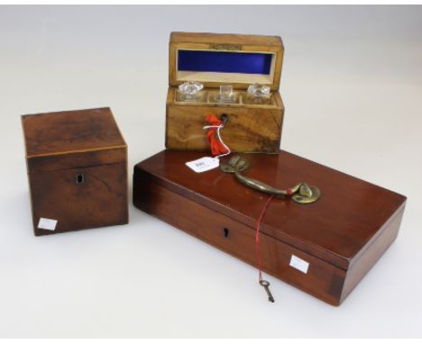 A Victorian figured walnut perfume casket, 17cm wide, together with a George III mahogany tea caddy and other boxes and caddi