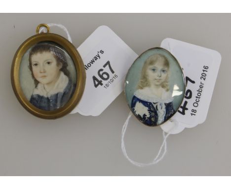 An early 19th century portrait miniature on ivory of a young girl, with fair hair wearing a lace trimmed blue dress, 4 x 3cm 