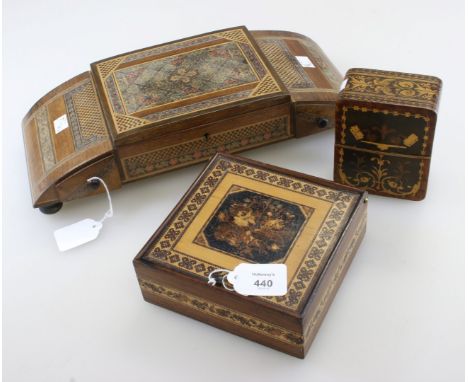 An Italian amboyna, marquetry and micro mosaic playing card case, a similar square box with pin hinged lid and a jewellery bo