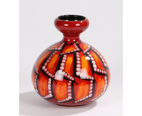 Poole Pottery Lorna Whitmarsh "Unique Studio Piece" vase, Mosaic pattern, the red ground with abstract orange, black and whit