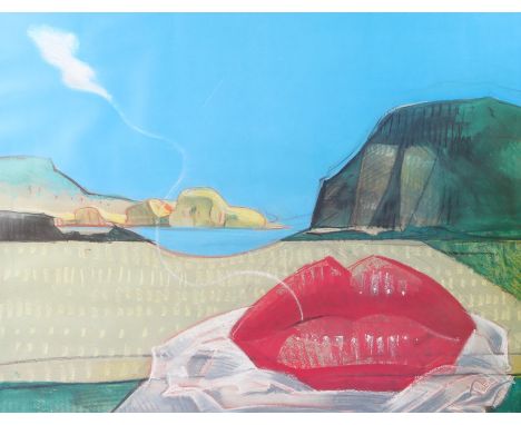 Kennel? pair of red lips in a landscape, signed limited edition print numbered 135/300, housed in a glazed ebonised frame, th