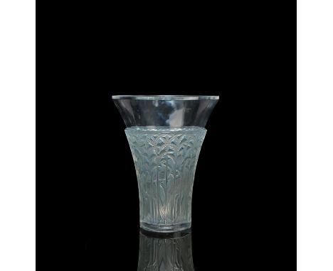 Lalique Ibis pattern clear and frosted glass vase, moulded with a frieze of Ibis among reeds, stencil etched mark to base, "R