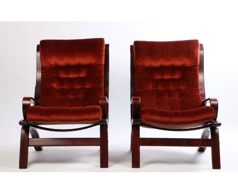 Pair of 1970's armchairs, with crimson button upholstered back and seat cushions and bentwood dark stained frames (2)