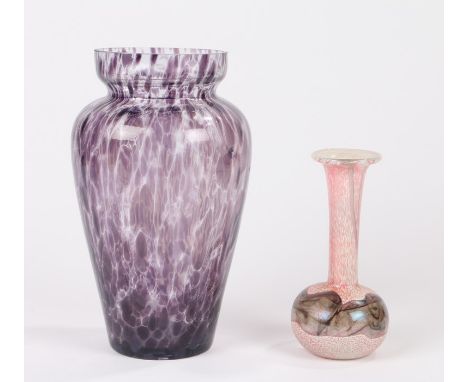 Murano mottled amethyst effect glass vase, 24.5cm high, Mdina glass vase with trumpet stem above a bulbous lower section, 16.