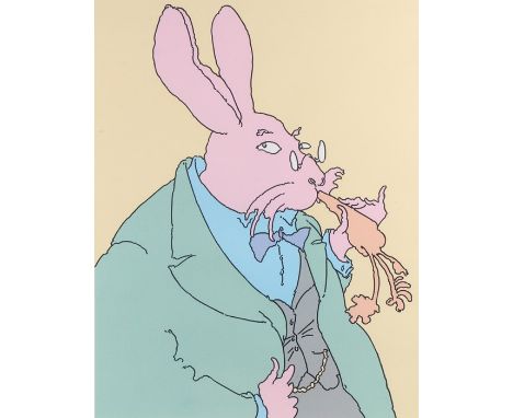 Coloured print depicting a scholarly rabbit chewing a carrot, indistinctly signed and numbered 6/30, housed in a glazed silve