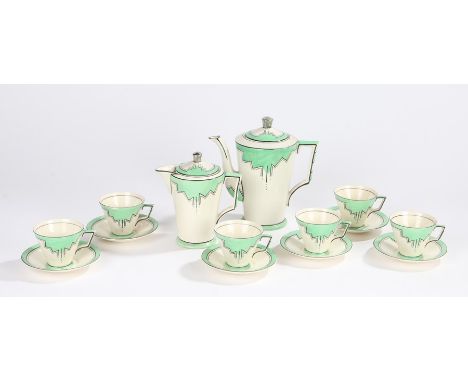 Art Deco coffee set, with green, black and silvered decoration on a white ground, consisting of coffee pot and cover, cream j