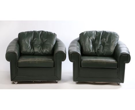 Pair of late 20th Century green leather club style armchairs, with button upholstered back cushions, raised on turned legs an