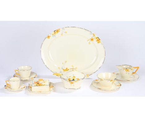 Crown Ducal Sunburst pattern porcelain, to include meat plate, tea cup and saucer, coffee cup and saucer, two side plates, mi