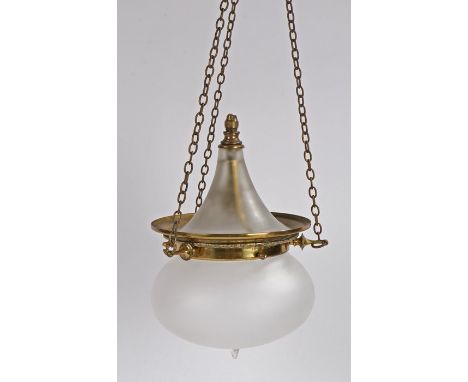W.A.S. Benson style hanging lamp, with three chains above a conical frosted glass cap, brass central section and bulbous opaq