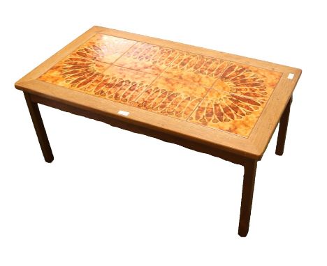 Mid 20th century teak tile top coffee table, on square chamfered legs, 92cm x 52cm