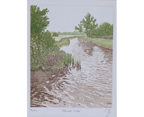 Limited edition print "Quiet Inlet", initialled JG, numbered 78/90, housed in a silvered frame, the print 15cm x 19.5cm