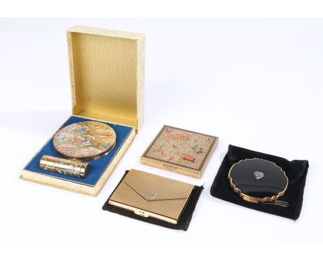 Stratton "Petite" compact in black enamel with a marcasite heart from 1960's/70's, matching gold tone Stratton compact and li