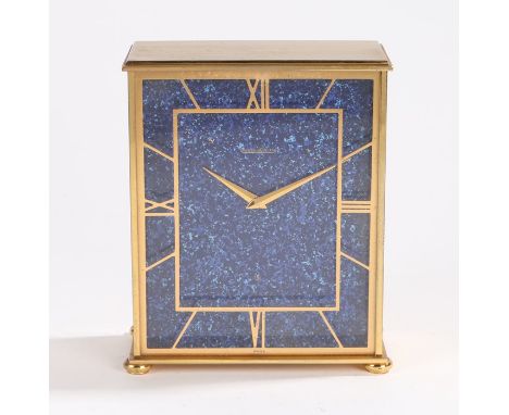 Jaeger le Coultre mantel clock, the gilt bass case housing the lapis lazuli effect dial, the signed perspex front with Roman 