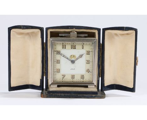JAZ early 20th Century French boudoir clock, the chrome case with swing handle, the dial with Arabic numerals and alarm hour 
