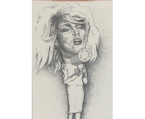 Caricature depicting Debbie Harry holding a lolly-pop inscribed "I'm Debbie Try Me", print housed in a glazed white frame, th