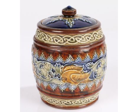 Royal Doulton tobacco jar and cover, with interior tamper, the lid with leaf decoration, the central band with raised stylise