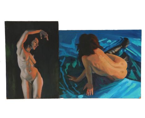 Portrait depicting a female nude with arm raised, portrait depicting a femal nude on a blue background, both unframed, the la