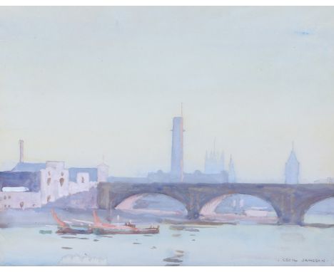 Cecil Jameson (b.1884 Christchurch, New Zealand - 1962), Waterloo Bridge, Evening, signed watercolour, housed in a gilt glaze