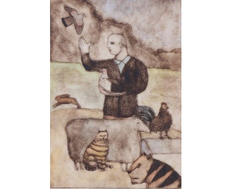 Nicola Slattery (B1963), "Man Of Words", signed limited edition drypoint print, dated '02 and numbered 2/8, housed in a light