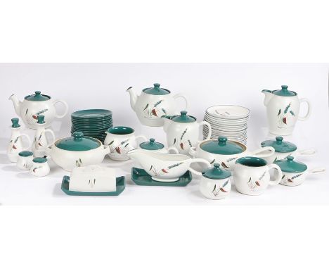Extensive Denby Green Wheat sheaf pattern dinner and tea service, to include, tureens, cups and saucers, teapots, egg cups, c