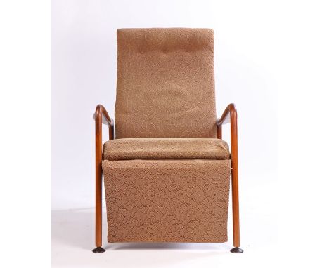 Greaves &amp; Thomas 1970's recliner armchair, with stylised leaf decorated upholstery to the button back, seat and folding f