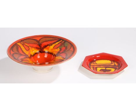 Poole Pottery Delphis bowl, pattern number 76, the red ground with yellow and orange abstract decoration, 23cm diameter, Pool
