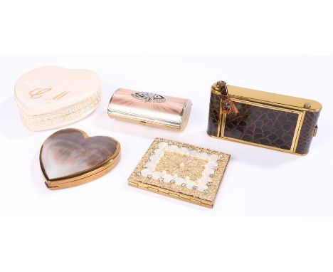 Art Deco camera compact with cigarette holder, money clip and lipstick holder in dark brown mock crocodile with a leather tas