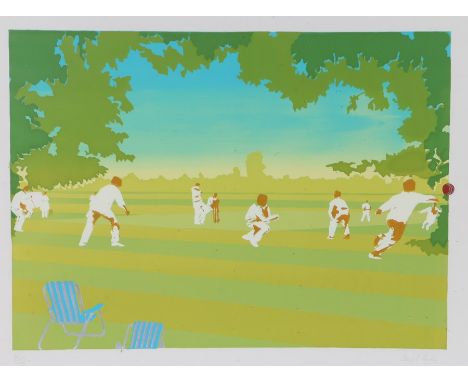 Screen print depicting a cricket match with two deck chairs to the foreground, signed to the mount and numbered 25/35, housed