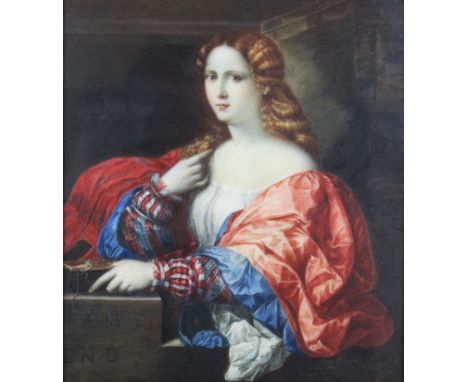 Agnese Postempshi Nata Rufini (Italian, 19th/20th Century) - 'Portrait de Femme, La Bella after Palma Vecchio'Oil on porcelai