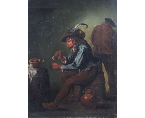 Continental School (19th Century) - Portrait of a man smoking a clay pipe whilst seated on a barrelOil on panel, indistinctly