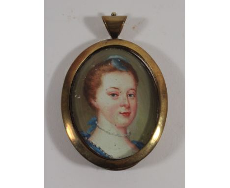 English School (19th Century) - oval portrait of a young ladyGouache, unsigned, set into an oval base metal frame, 6cm  Engli