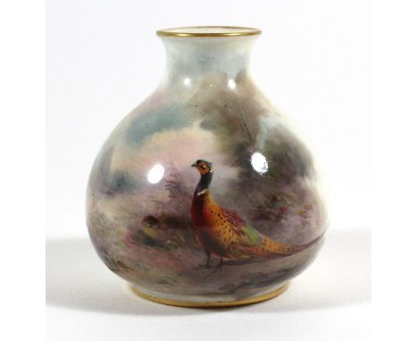 A Royal Worcester hand painted vase of bulbous formDecorated with Pheasants in landscape by James Stinton, signed, puce facto