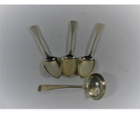 Four George III silver spoonsTo include three tablespoons and one ladle, London, 1806 and 1807, weight approx. 9.1oz.  Four G