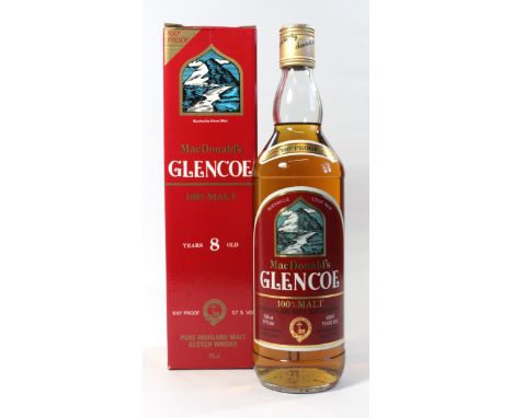 1 bottle Macdonald’s Glencoe 8yo 100% single malt Scotch Whisky In original packaging. Circa early 1980's. 100% Malt, Pure Hi