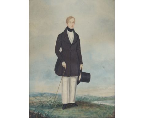 British School (19th Century) - Portrait of a Smartly dressed gent in landscape settingWatercolour, unsigned, inset inset int