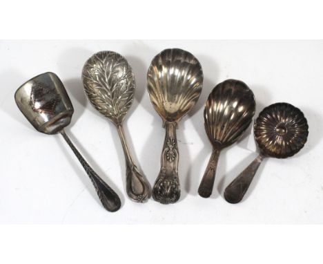 A selection of silver and white metal caddy spoons Of varying design, with embossed bowl and tapered stem, weight of hallmark