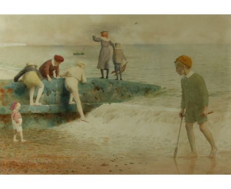 George Arthur Gaskell (fl. 1871-1900) - 'Children Playing at the Sea Shore'Watercolour, signed and dated 1894, inset into a m