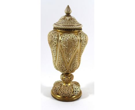 A 19th Century Royal China Works Worcester reticulated vaseRaised on single knop stem and complete with cover, factory marks 