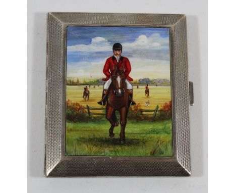 A 1920s silver and enamel cigarette caseOf rectangular outline, the enamel front depicting a hunting scene, signed JA to corn