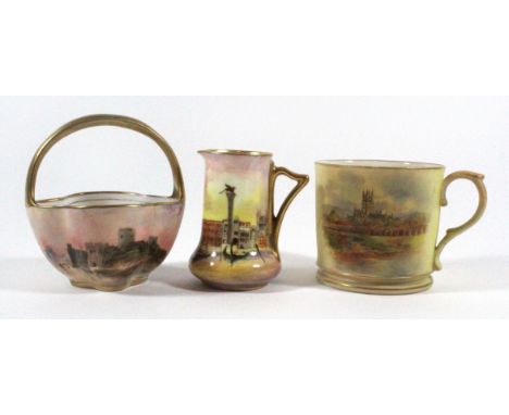 Two Royal Doulton hand painted miniatures To include basket depicting Pembroke Castle by J.H Plant, height 8cm, also a jug de